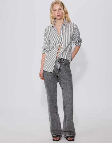 Stradivarius - Camicia basic in popeline a righe verde bottiglia con tasca - view 1