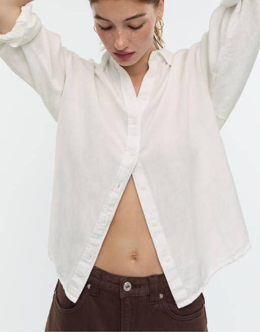 Stradivarius - Camicia bianca in misto lino, 4 di 4