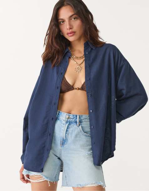 Stradivarius - Camicia blu navy in misto lino - view 1