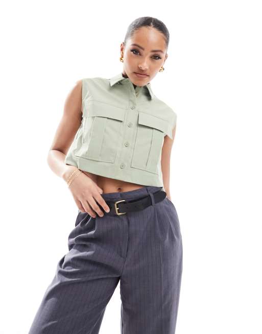 Stradivarius - Camicia cargo verde salvia squadrata a maniche corte