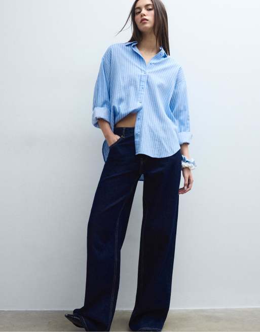 Stradivarius - Camicia celeste effetto lino, 2 di 4