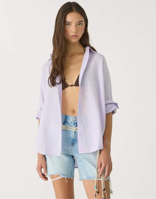 Stradivarius - Camicia color malva in misto lino