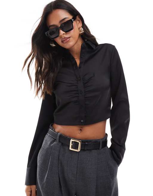 Stradivarius - Camicia corta nera con arricciatura
