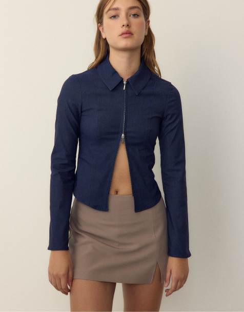 Stradivarius - Camicia di jeans attillata in bengalina blu sovratinto con zip doppia - view 1