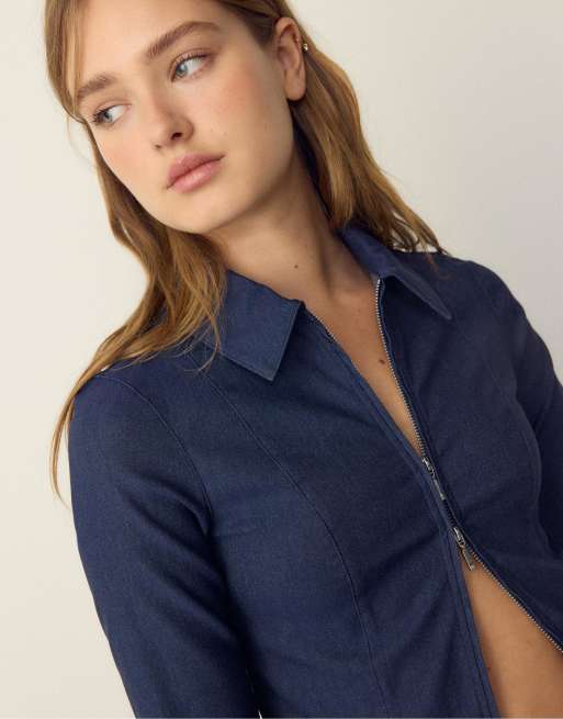 Stradivarius - Camicia di jeans attillata in bengalina blu sovratinto con zip doppia, 3 di 4