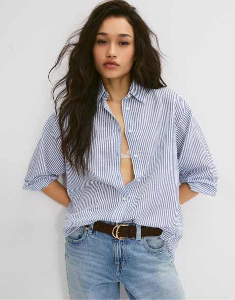 Stradivarius - Camicia effetto lino blu scuro - view 1