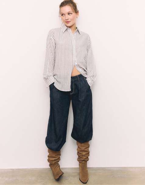 Stradivarius - Camicia effetto lino marrone - view 1