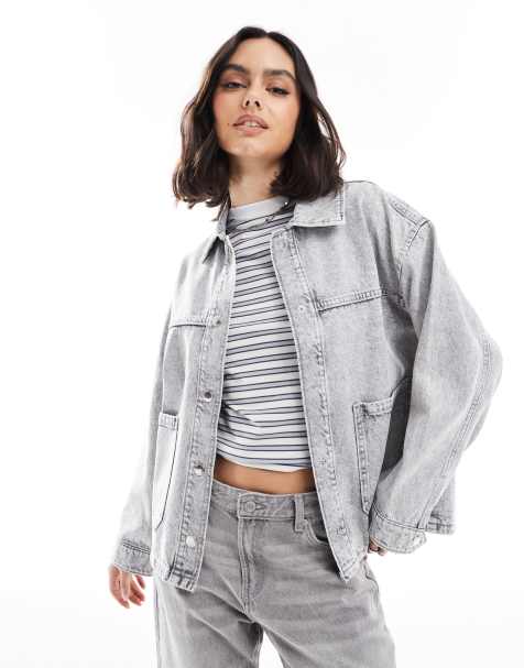 Stradivarius - Camicia giacca in denim oversize grigia - view 1