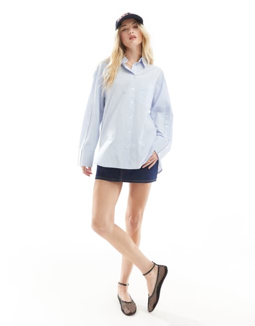 Stradivarius - Camicia in cotone blu a righe con maniche con bottone 