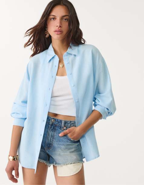 Stradivarius - Camicia in misto lino blu denim - view 1