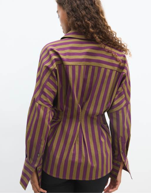 Stradivarius camicia in popeline a pieghe color kaki, 3 di 7