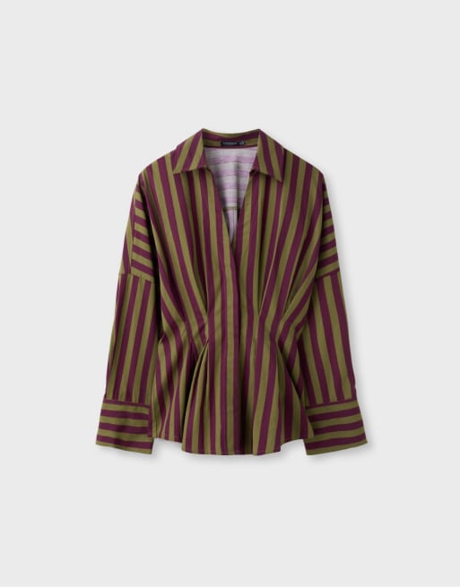 Stradivarius camicia in popeline a pieghe color kaki, 6 di 7