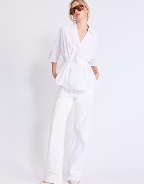 Stradivarius - Camicia in popeline bianca con maniche a kimono e pieghe - view 1