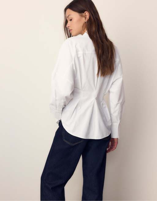 Stradivarius - Camicia in popeline bianca con pieghe, 3 di 4
