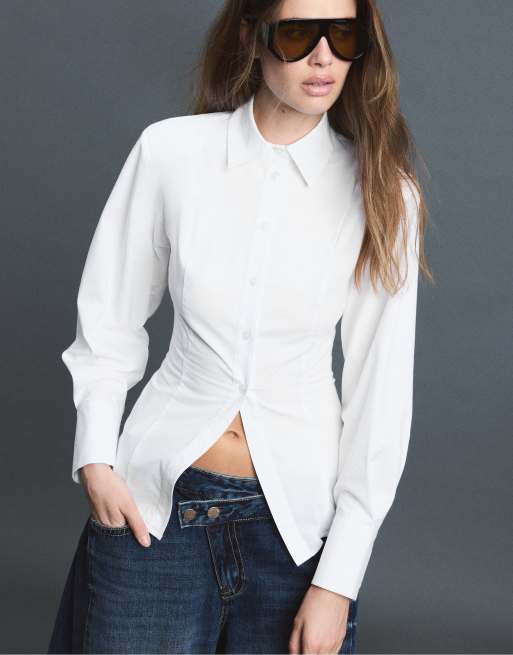Stradivarius camicia in popeline con spalline imbottite bianca, 2 di 7