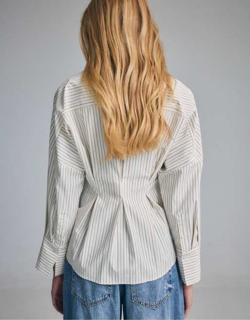 Stradivarius camicia in popeline plissettata beige, 3 di 7