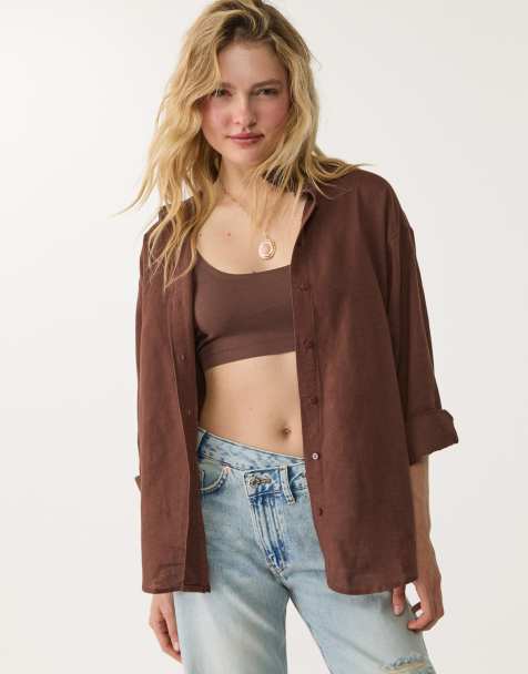 Stradivarius - Camicia marrone in misto lino - view 1