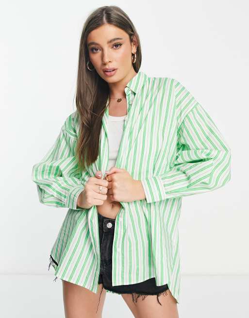 Stradivarius - Camicia oversize in cotone a righe verdi 