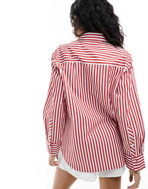 Stradivarius - Camicia oversize in popeline rossa a righe, 3 di 4