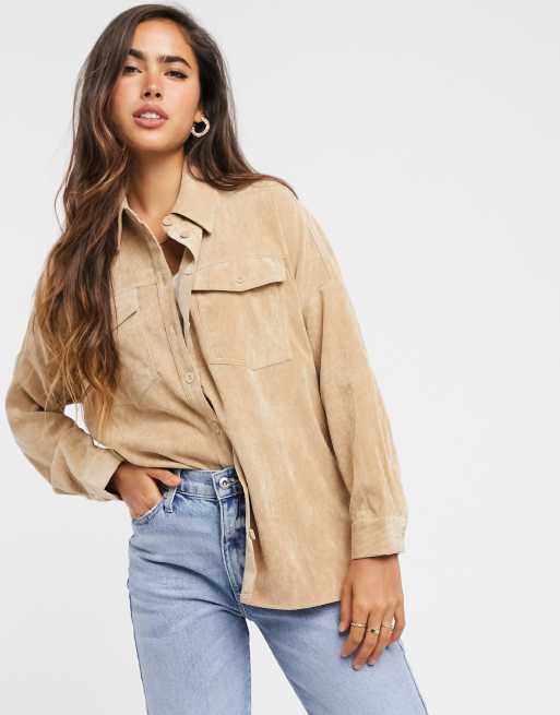 Stradivarius - Camicia oversize in tessuto a coste beige