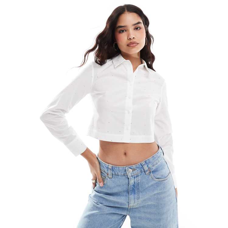 Stradivarius Camicia taglio corto bianca con dettagli applicati a caldo ASOS