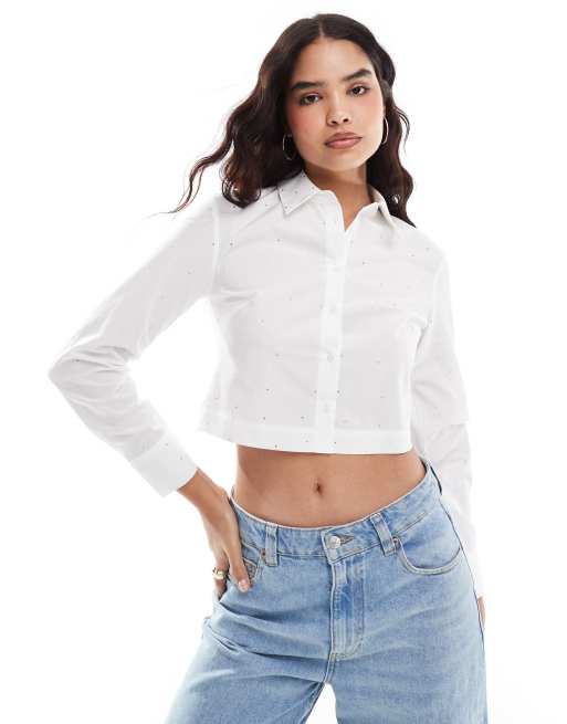 Stradivarius Camicia taglio corto bianca con dettagli applicati a caldo