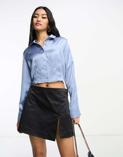 Stradivarius - Camicia taglio corto in raso blu 