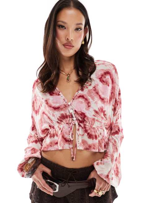 Stradivarius - Camicia taglio corto rosa tie-dye con dettaglio allacciato