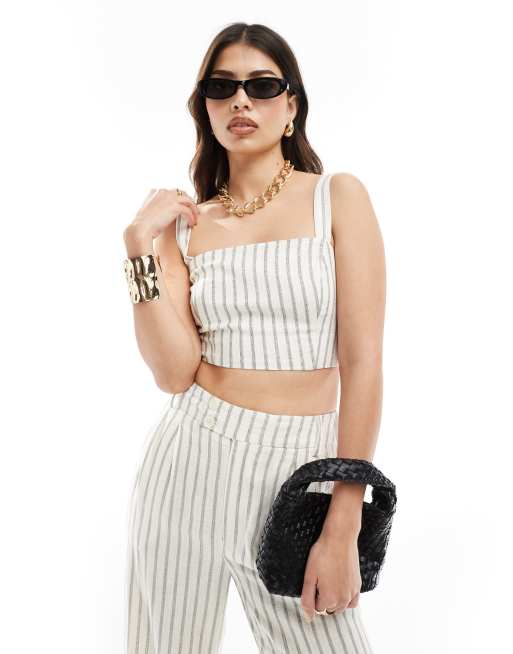 Stradivarius - Camitop met linnenlook, vierkante hals en rustieke strepen, deel van co-ord set 