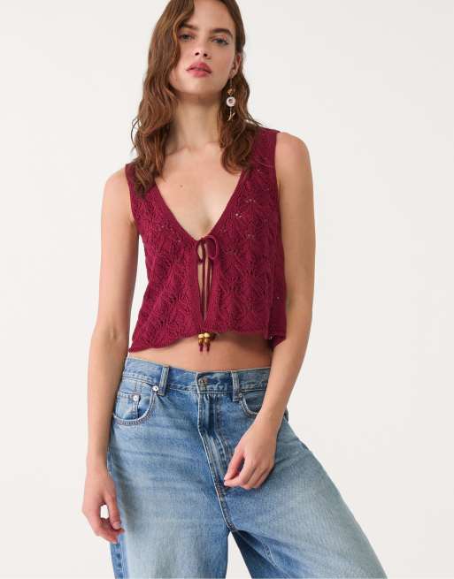 Stradivarius - Canotta all'uncinetto color bordeaux con coulisse