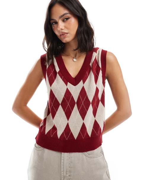 Stradivarius - Canotta in maglia color bordeaux a rombi - view 1