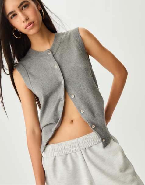 Stradivarius - Canotta in maglia grigio mélange con bottoni - view 1