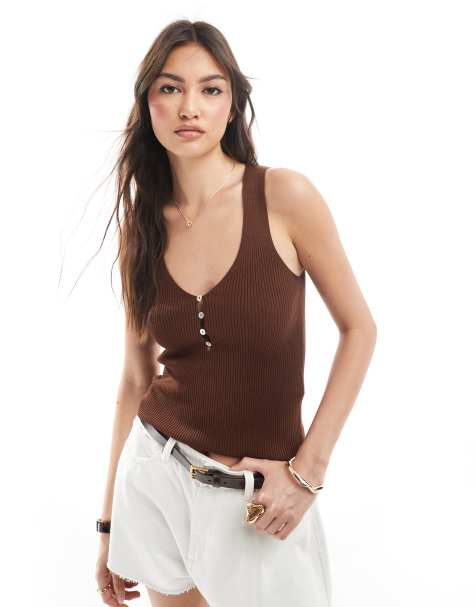 Stradivarius - Canotta marrone in maglia leggera con bottoni - view 1