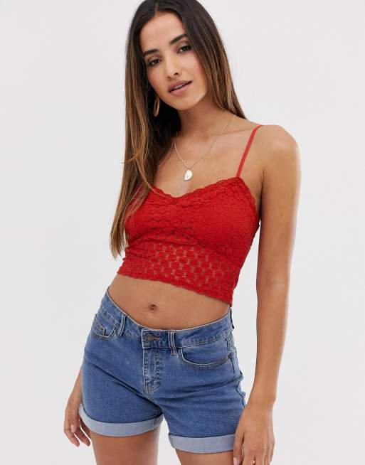 Stradivarius - Canottiera color terracotta corta in pizzo