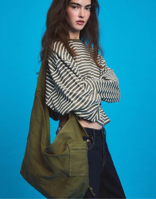 Stradivarius canvas axelväska i khaki, 2 av 4