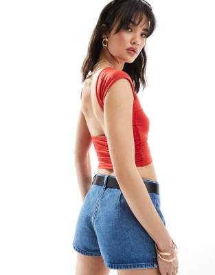 Stradivarius Cap Sleeve Tee With Open Back In Red