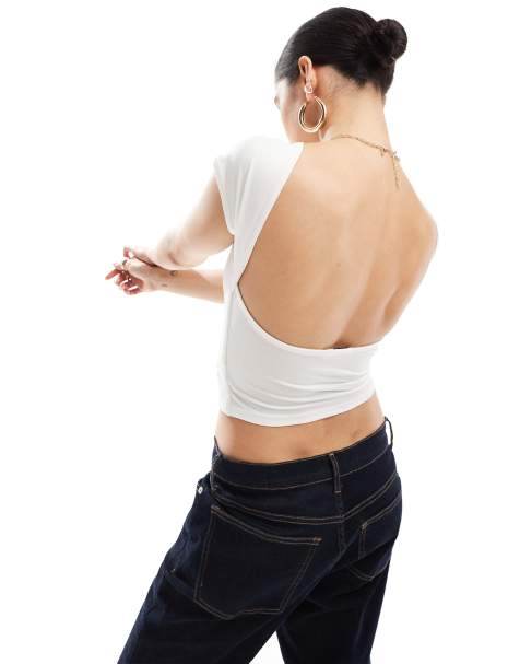 Stradivarius cap sleeve tee with open back in white - view 1