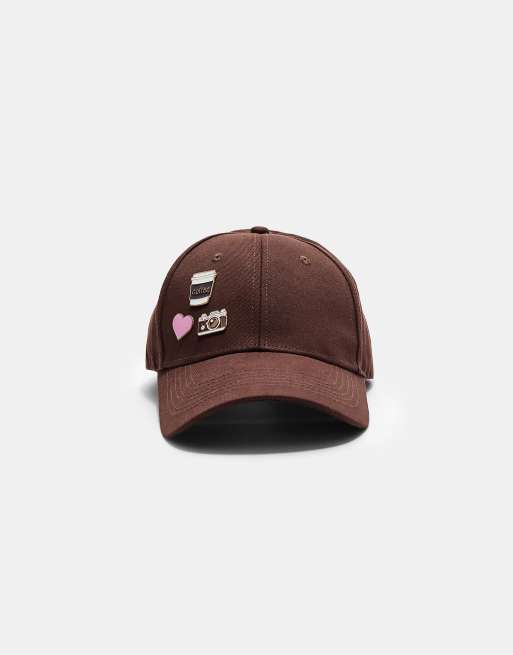 Stradivarius Cap with multiple badges in brown ASOS