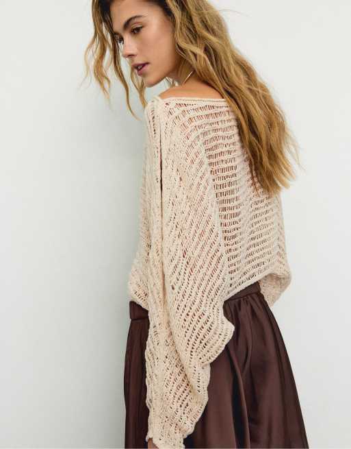 Stradivarius Cape knit jumper with ribbon in vanilla, 3 of 3
