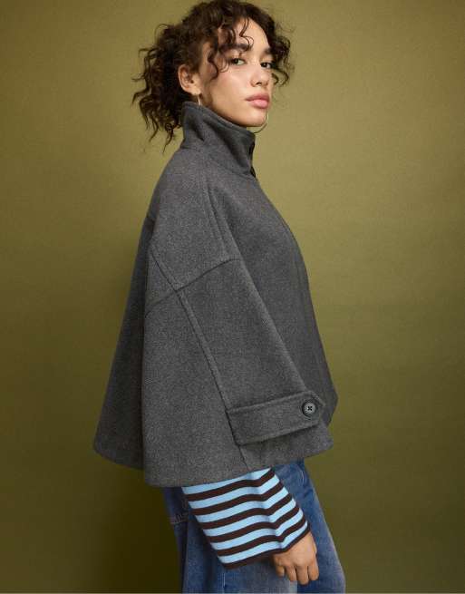 Stradivarius cappotto a mantella effetto feltro grigio, 2 di 7