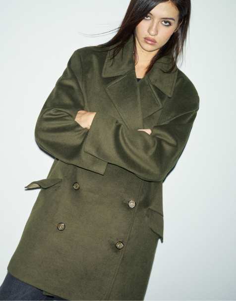 Stradivarius - Cappotto doppiopetto verde oliva - view 1