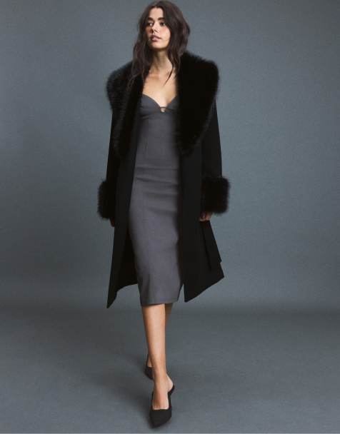 Stradivarius cappotto dritto in feltro con colletto in pelliccia sintetica nero - view 1