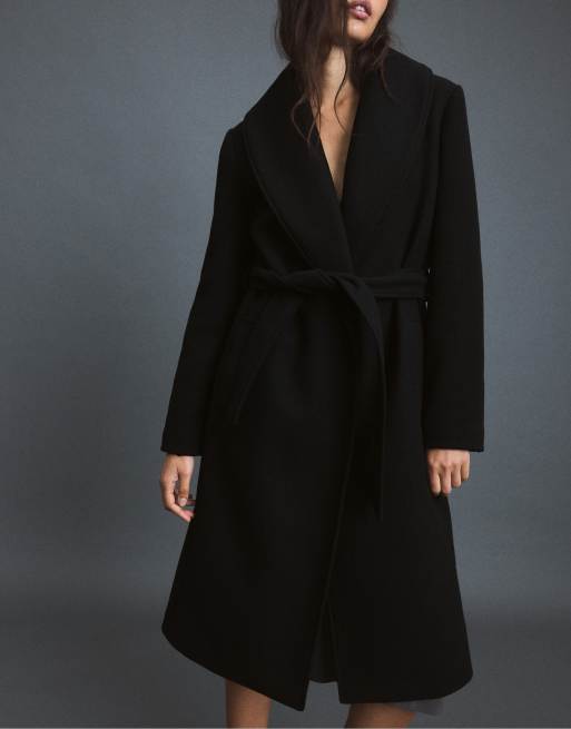 Stradivarius cappotto dritto in feltro con colletto in pelliccia sintetica nero, 2 di 7