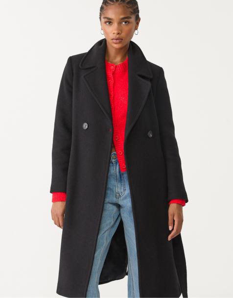 Stradivarius - Cappotto effetto lana nero con cintura - view 1