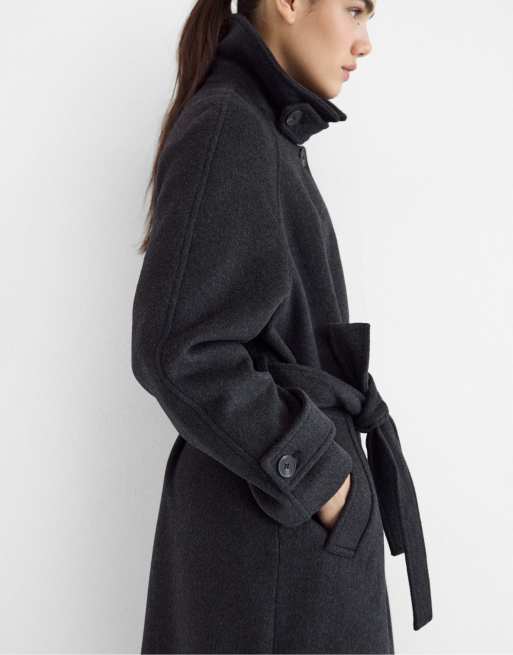 Stradivarius cappotto lungo in feltro con bottoni grigio scuro, 5 di 5