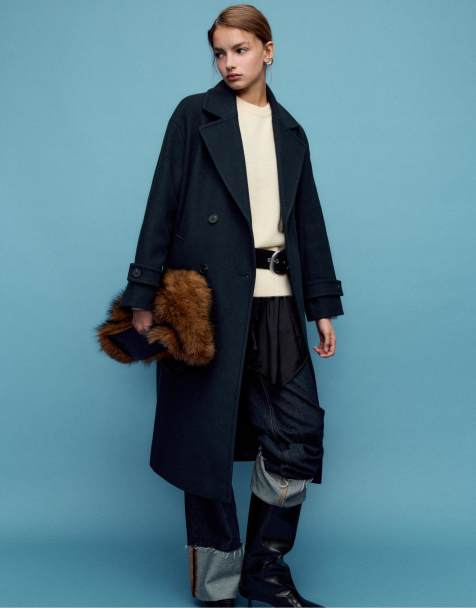 Stradivarius - Cappotto lungo oversize morbido blu navy - view 1
