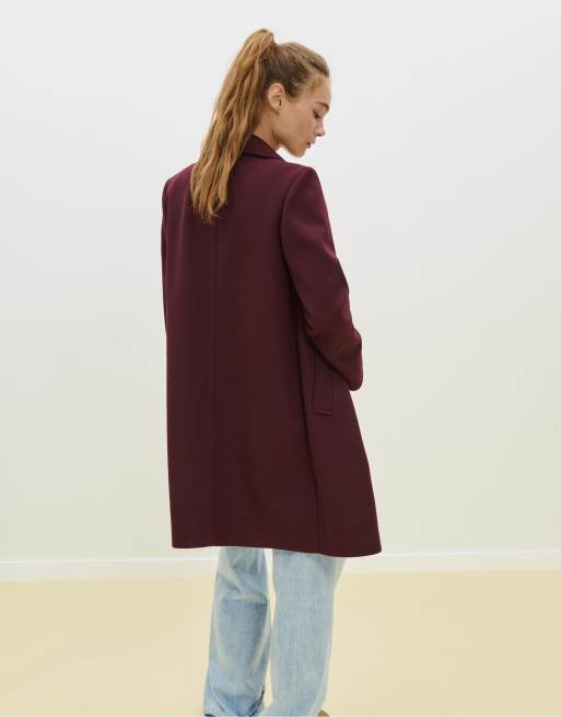 Stradivarius cappotto midi con bottoni in bordeaux effetto soft-touch, 4 di 4