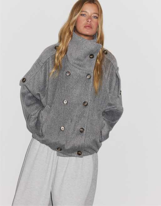 Stradivarius cappotto oversize con collo alto in grigio, 5 di 7
