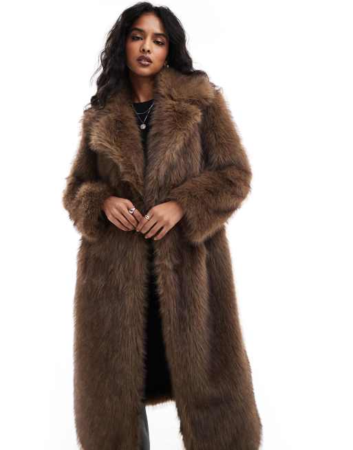 Stradivarius - Cappotto taglio lungo in pelliccia sintetica marrone, 3 di 4