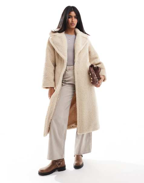 Stradivarius - Cappotto taglio lungo in pile borg beige - view 1